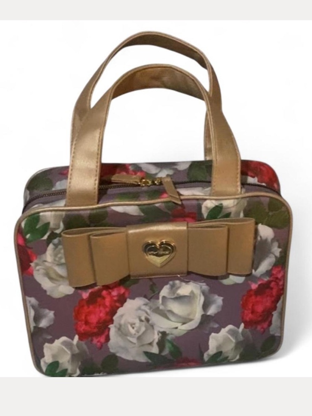 Gold and Red Cosmetic Bag with Floral Design